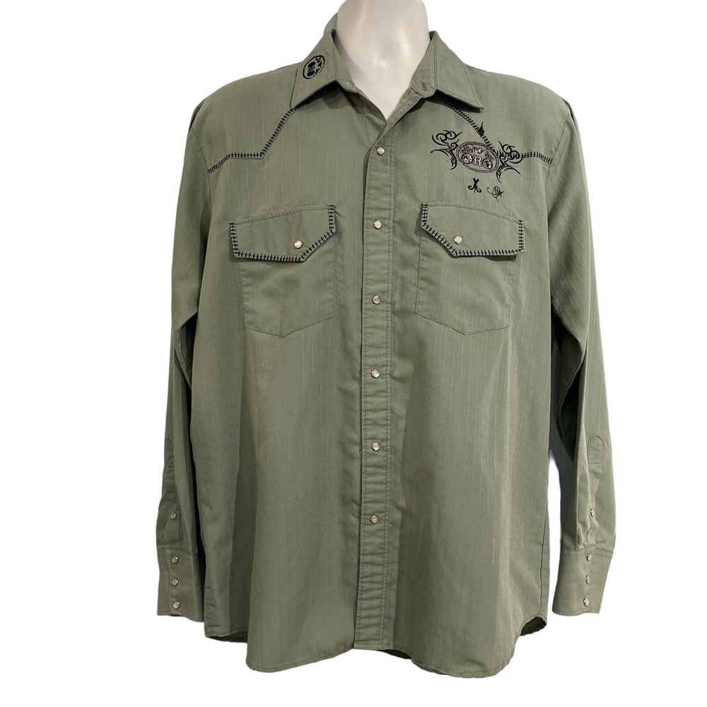 Dos De Oro Shirt Green‎ Embroidered Snap Front Mens L Western Rodeo Rockabilly